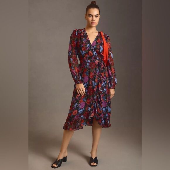 NWOT PAIGE Paulette Floral Silk Ruffle Wrap Midi Dress in Blue/Rust Multi sz XS - Picture 1 of 16